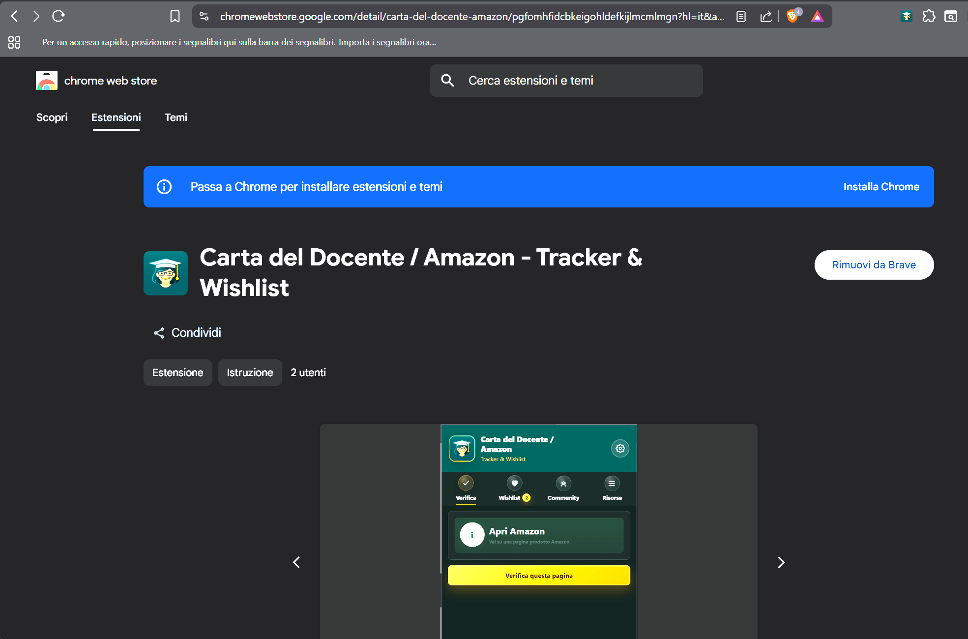 Pagina Chrome Web Store dell'estensione