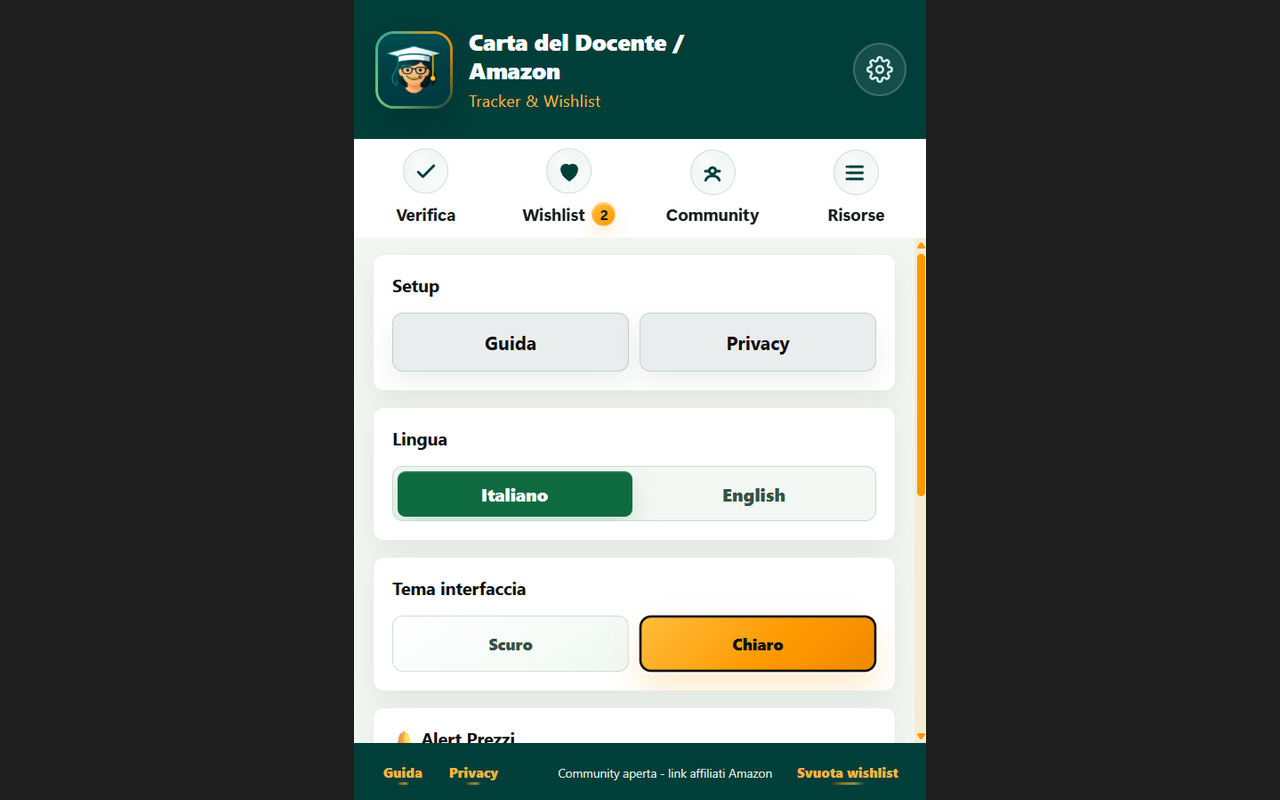 Screenshot delle impostazioni con guida, privacy, lingua e tema