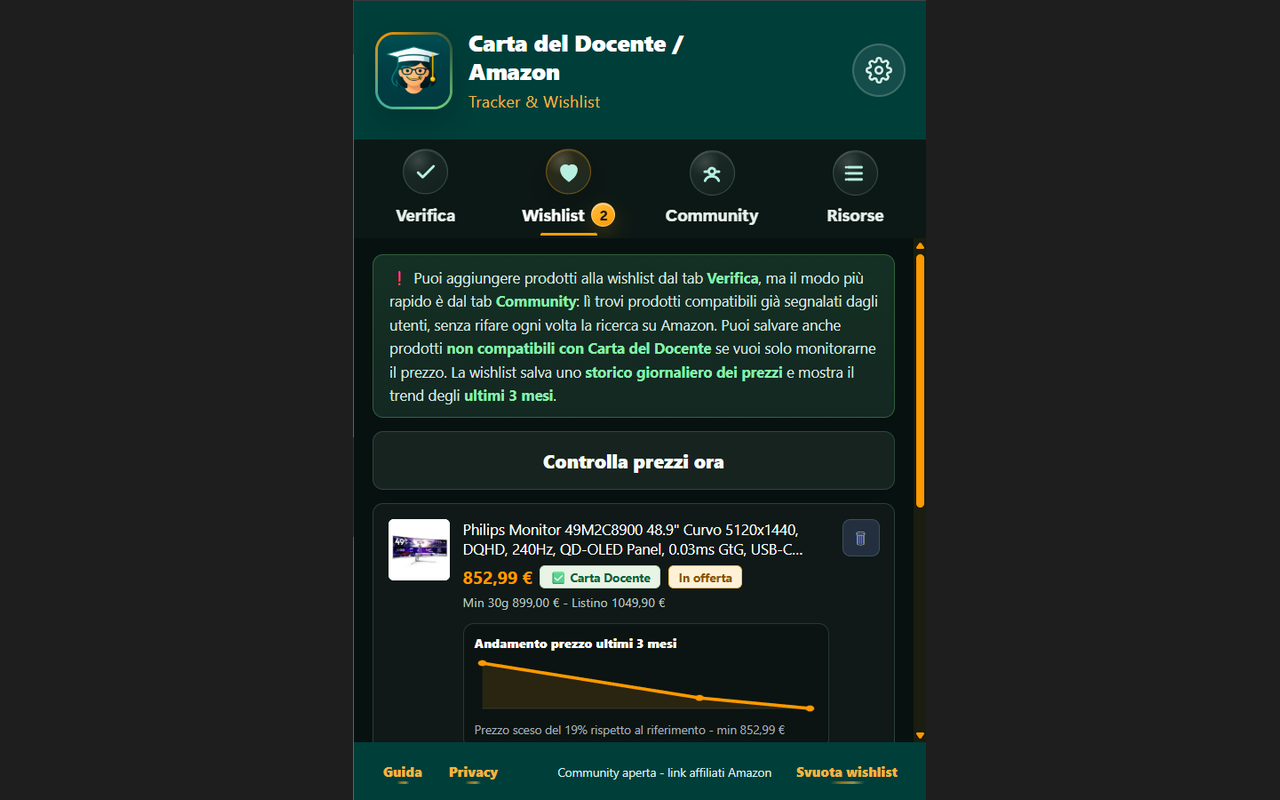 Screenshot wishlist dell'estensione